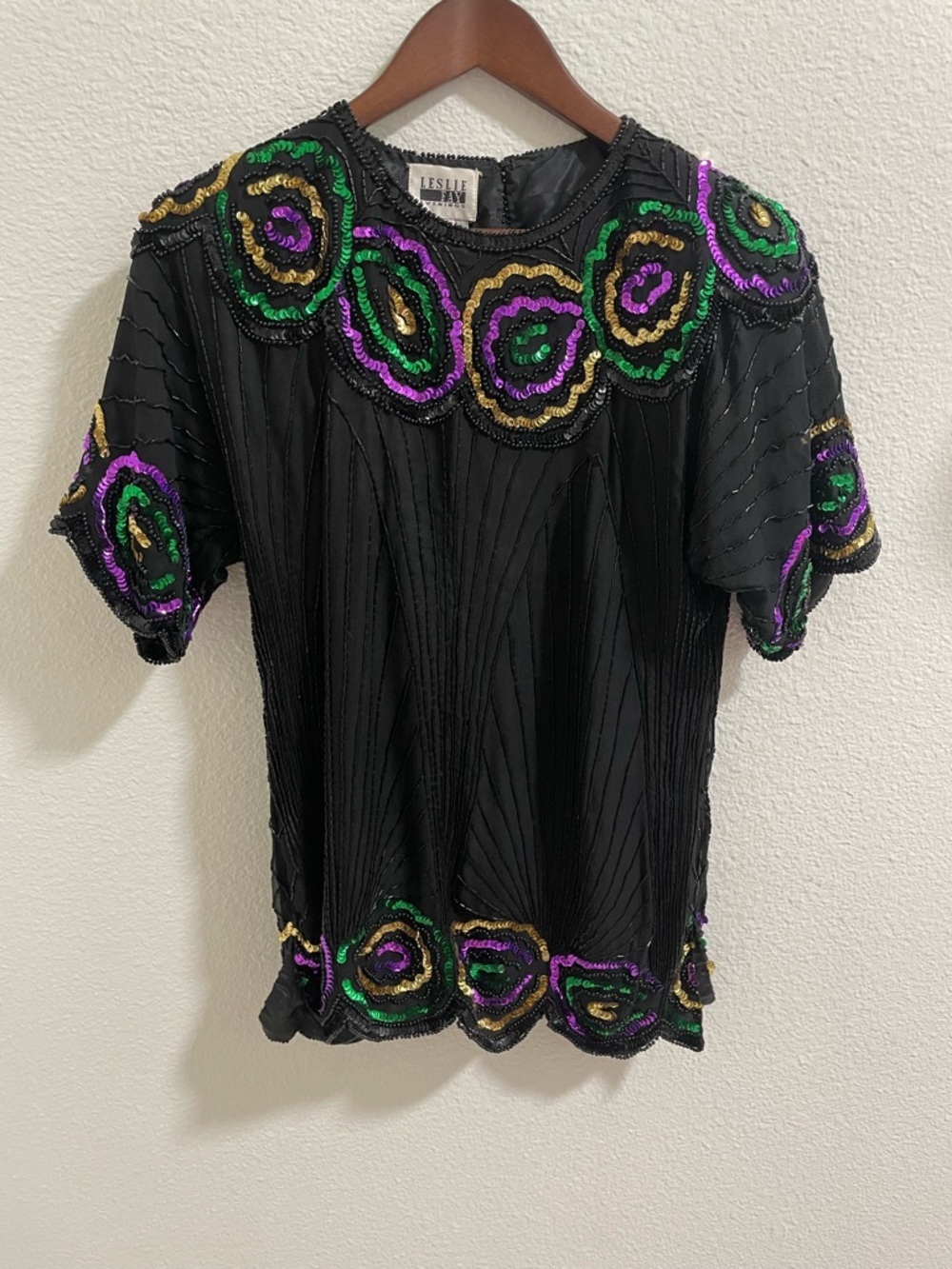 Vintage Leslie Fay Black Beaded Sequin Short Sleeve Top - Mardi Gras